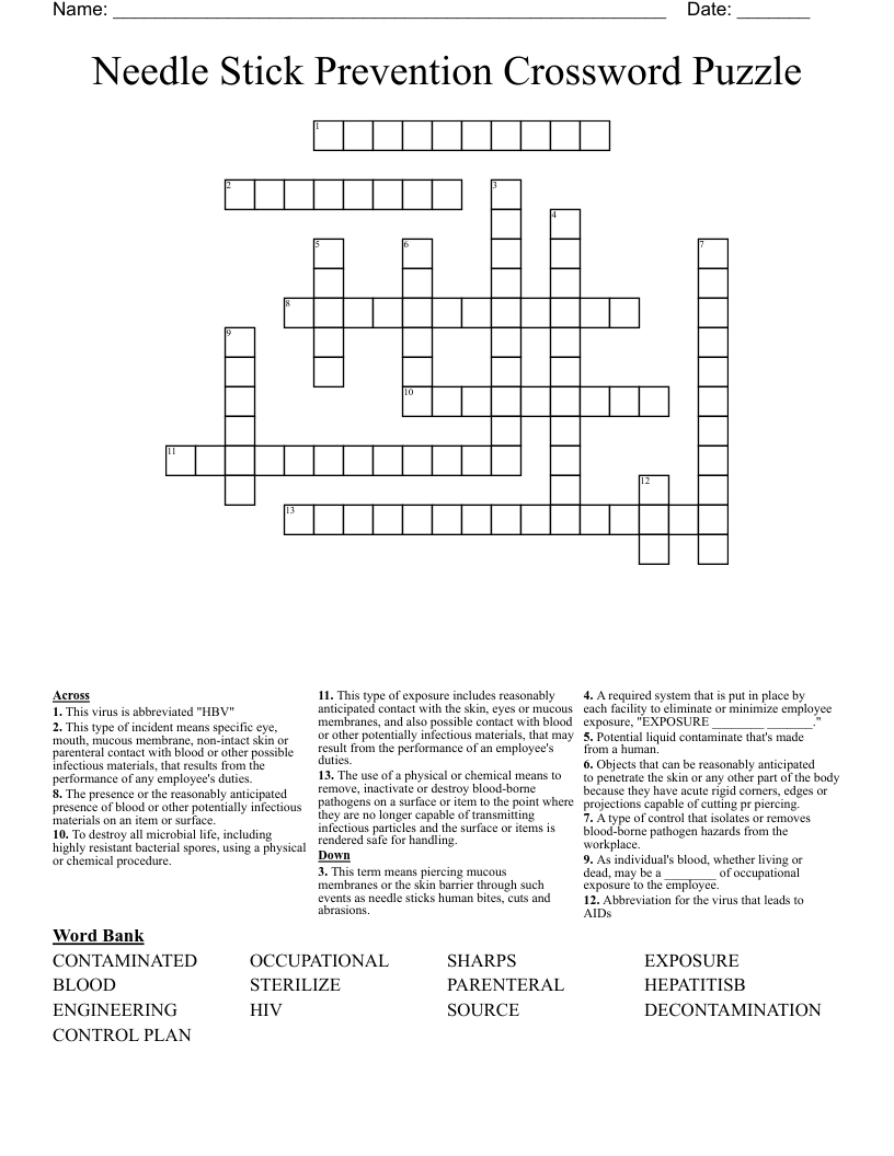 Needle Stick Prevention Crossword Puzzle