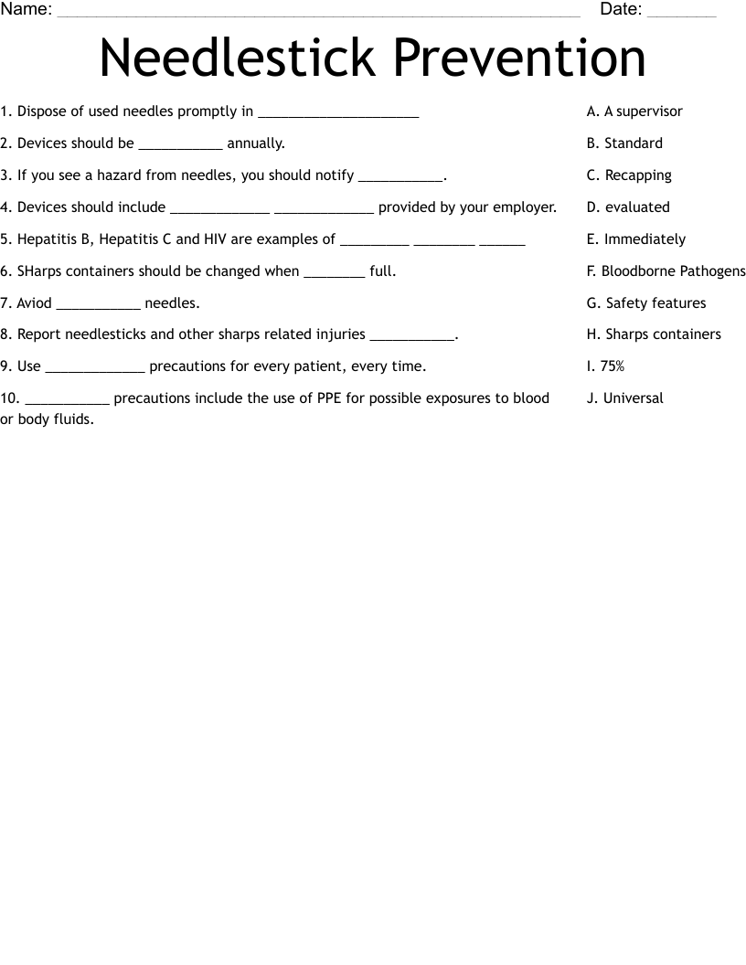 Needlestick Prevention Worksheet