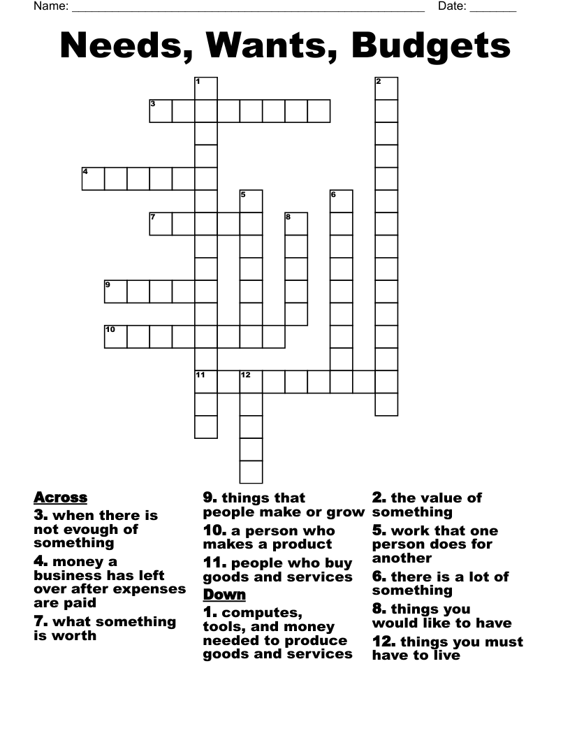 Needs, Wants, Budgets Crossword