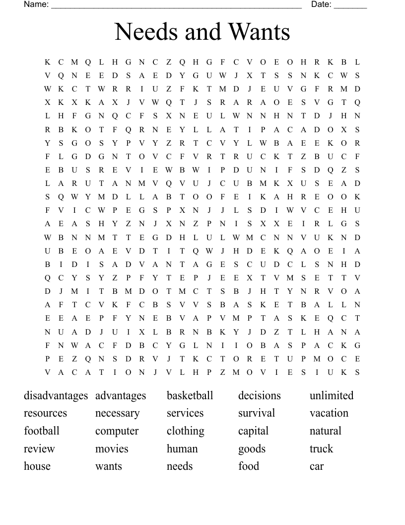 Needs and Wants Word Search