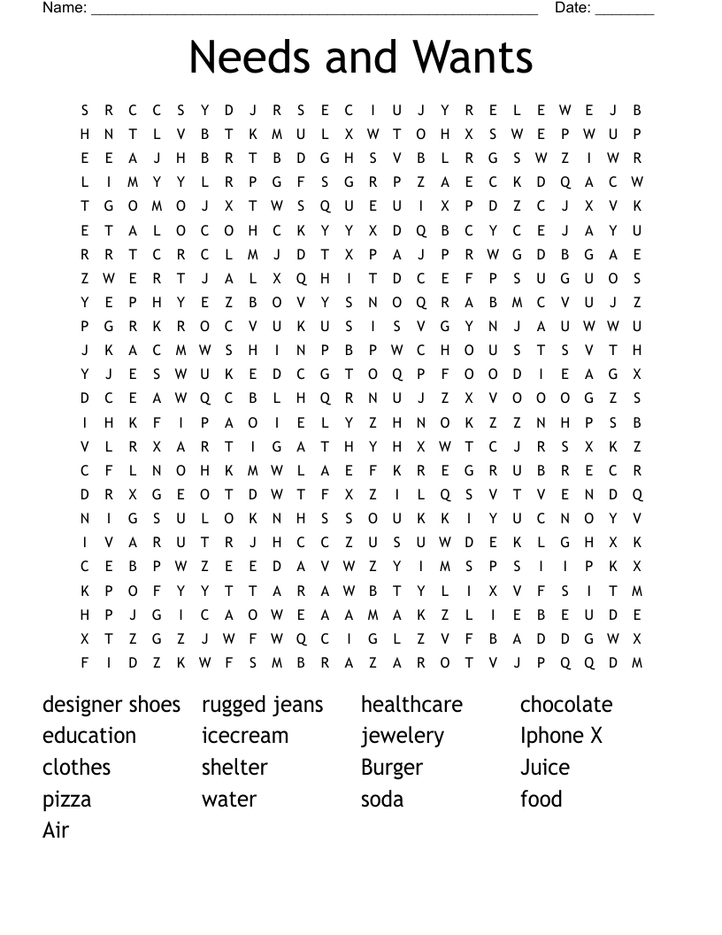 Needs and Wants Word Search