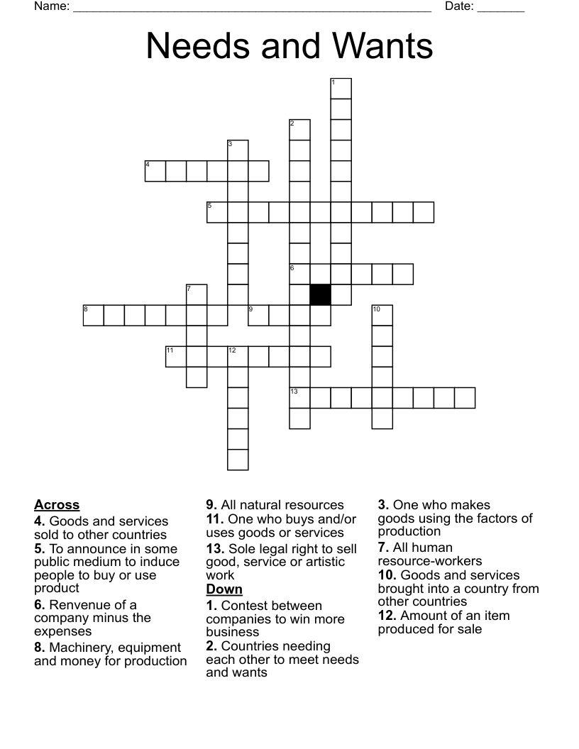 Needs and Wants Crossword