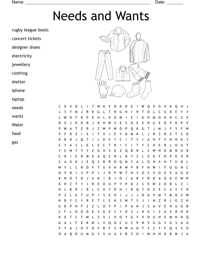 Needs and Wants  Word Search