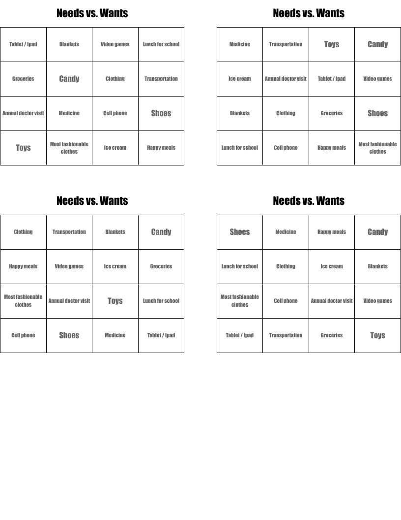 Needs vs. Wants  Bingo Cards