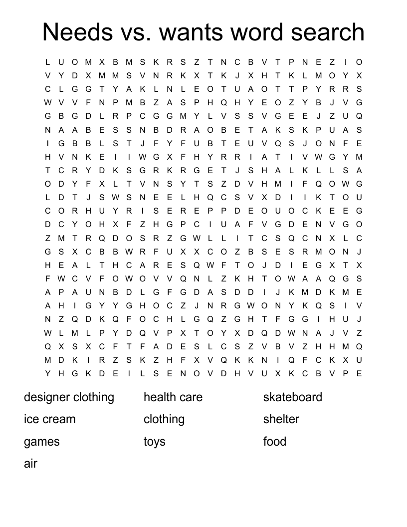 Needs vs. wants word search