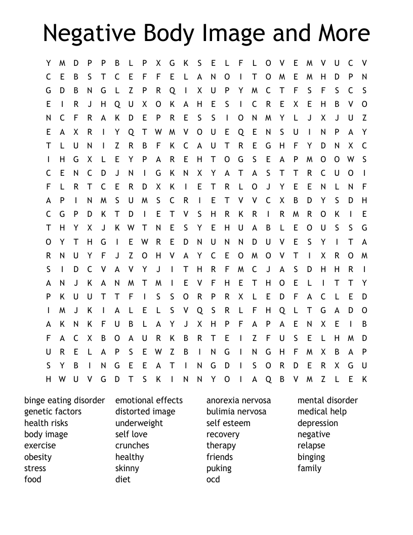 Negative Body Image and More Word Search