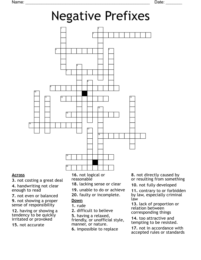 Negative Prefixes  Crossword