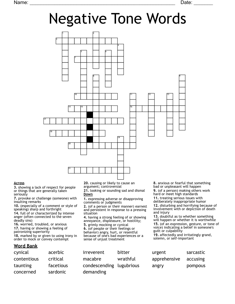 Negative Tone Words Crossword