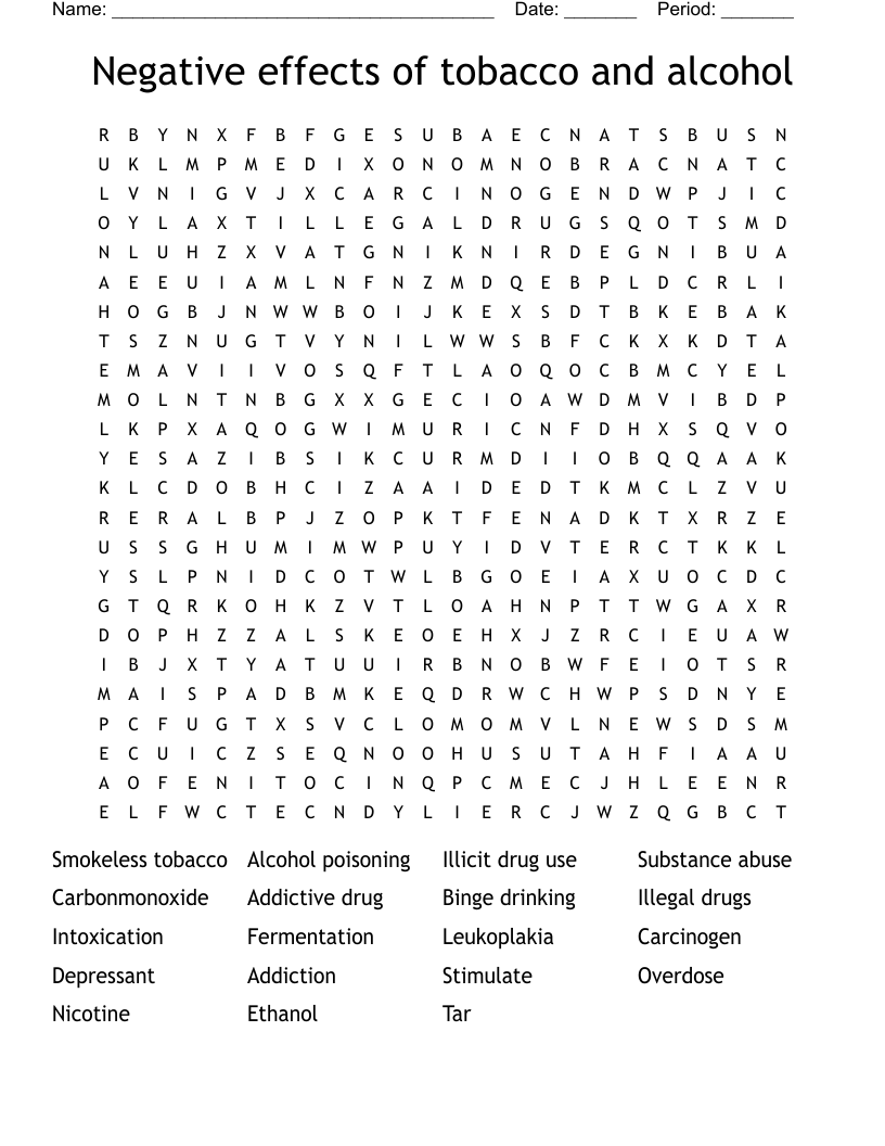 Negative effects of tobacco and alcohol Word Search