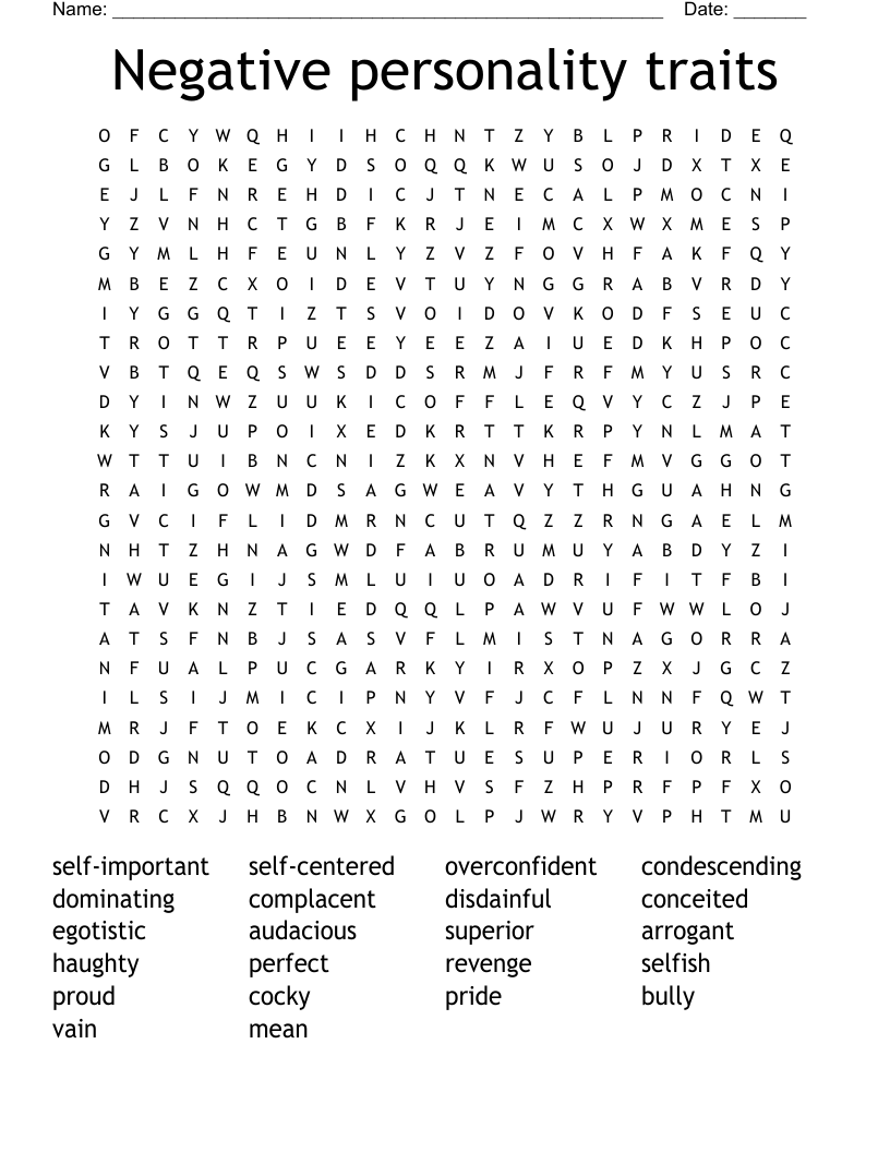 Negative personality traits Word Search