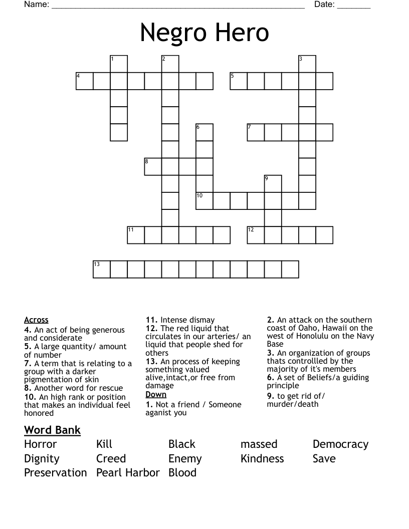 Negro Hero Crossword