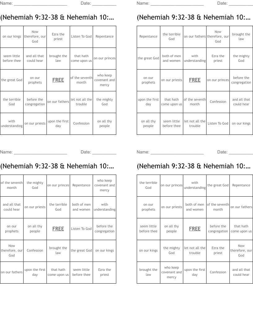 	(Nehemiah 9:32-38 & Nehemiah 10:28-29) Bingo Cards