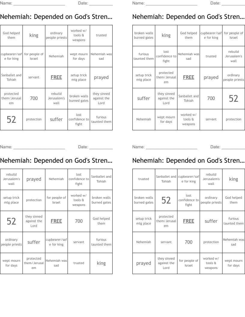 Nehemiah: Depended on God's Strength Bingo Cards