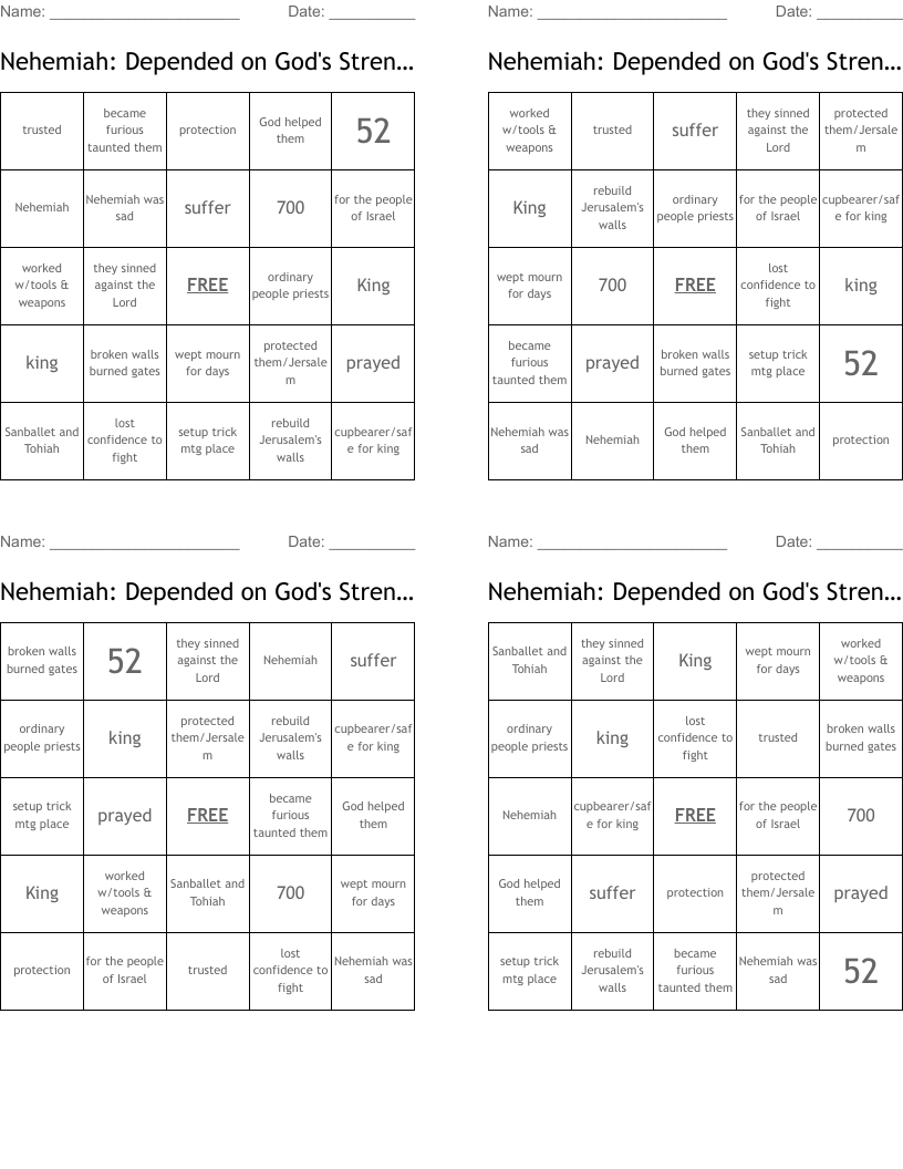 Nehemiah: Depended on God's Strength Bingo Cards