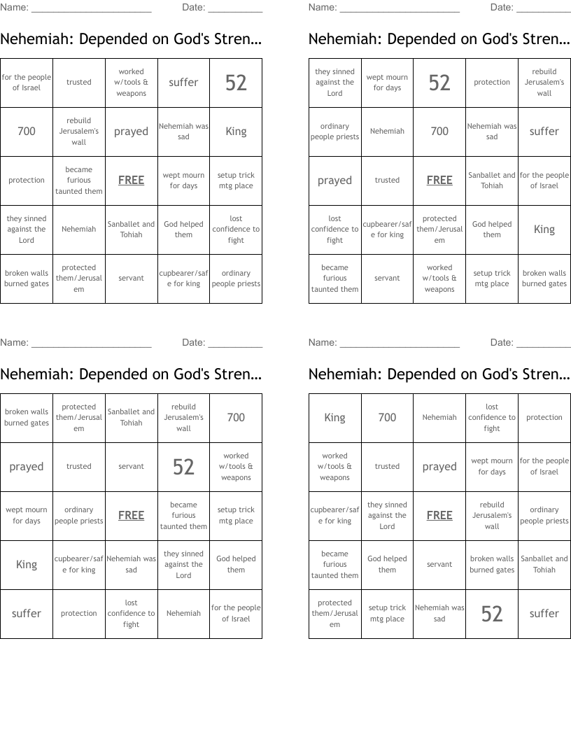 Nehemiah: Depended on God's Strength Bingo Cards