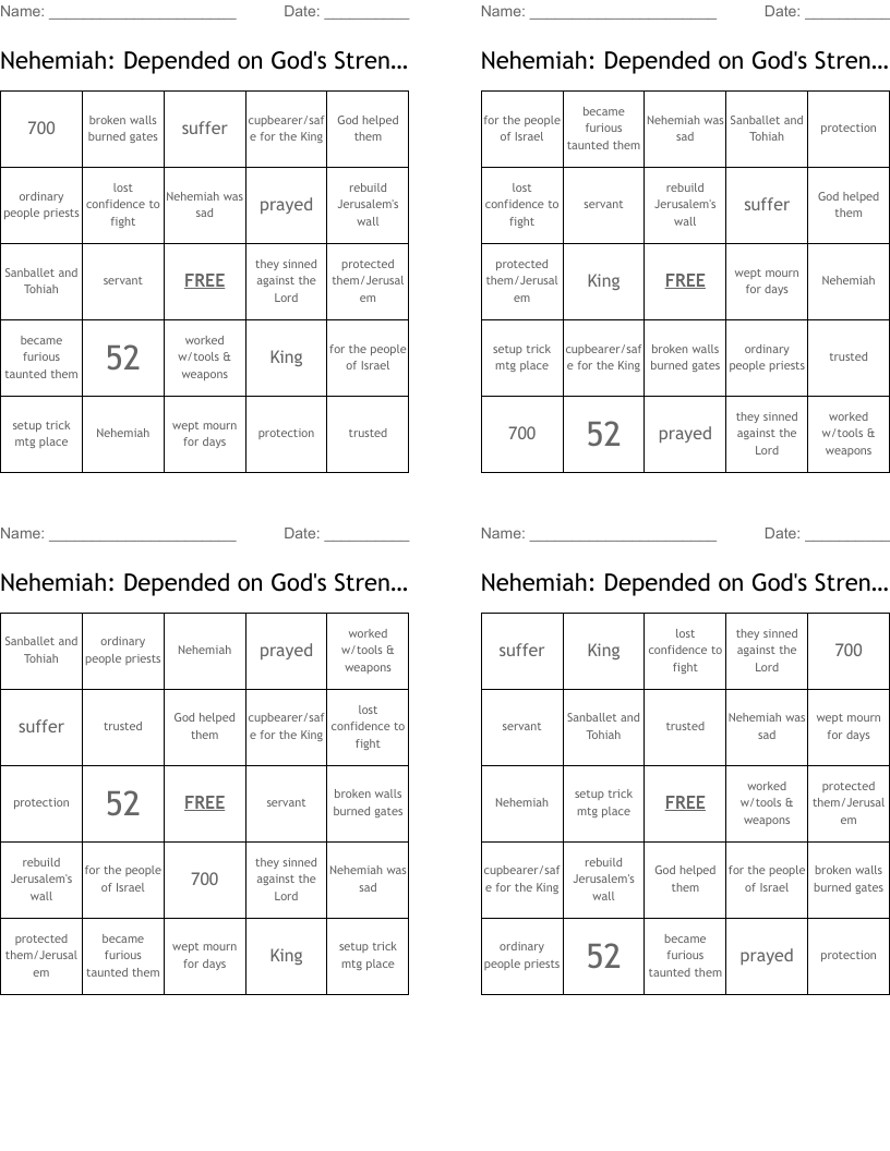 Nehemiah: Depended on God's Strength Bingo Cards