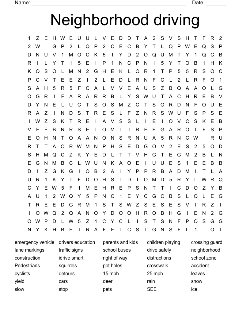 Neighborhood driving Word Search