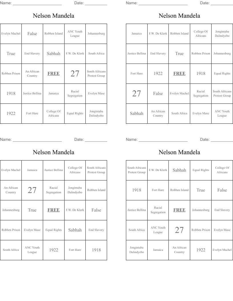 Nelson Mandela Bingo Cards
