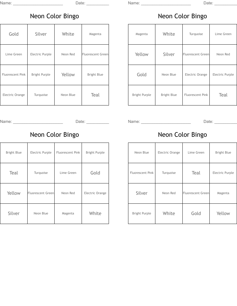 Neon Color Bingo