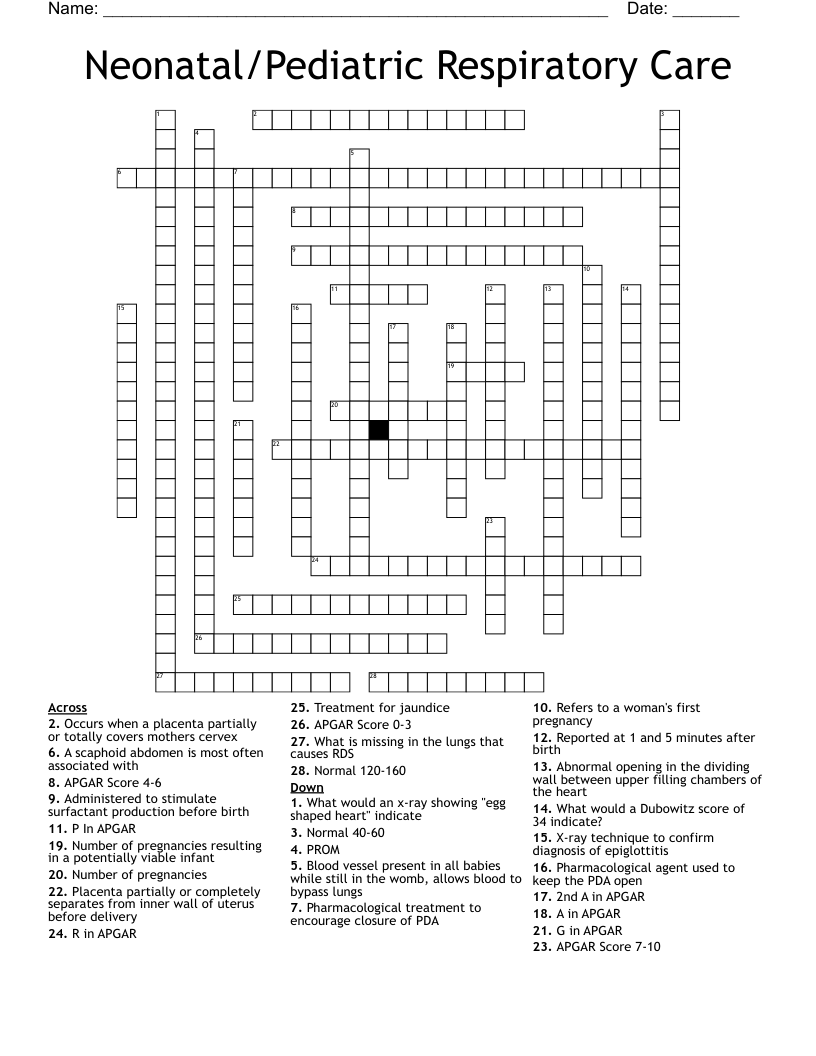 Neonatal/Pediatric Respiratory Care Crossword