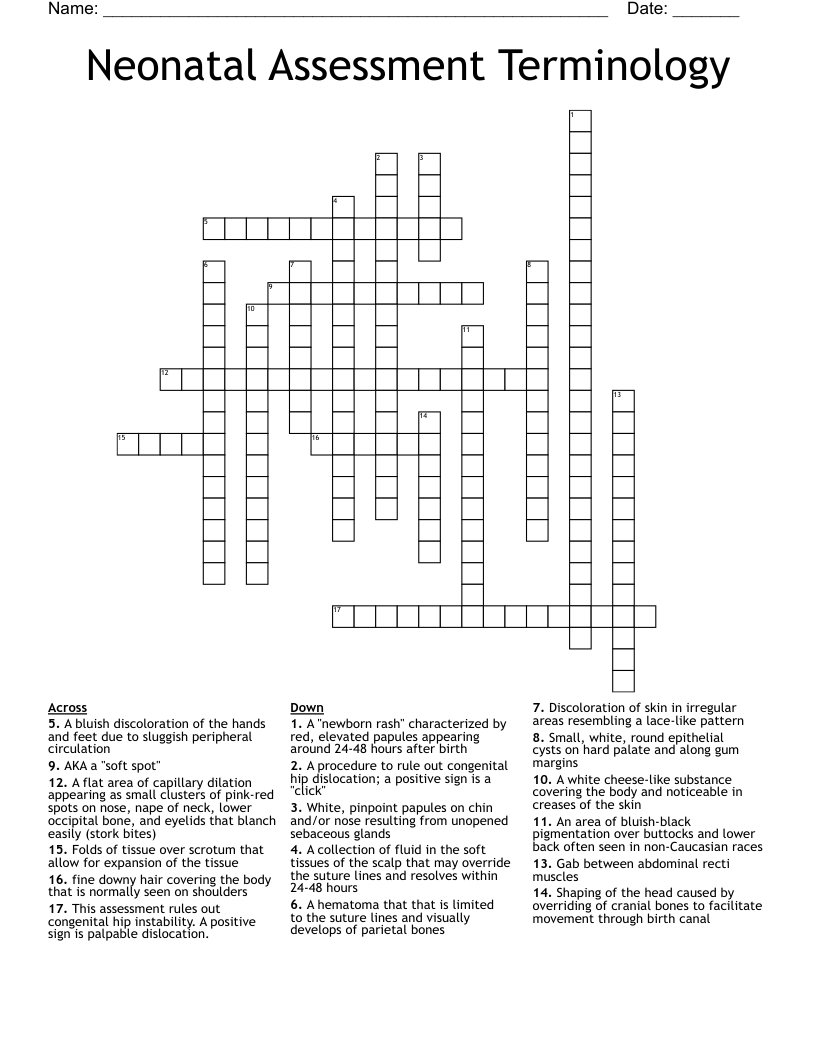 Neonatal Assessment Terminology Crossword