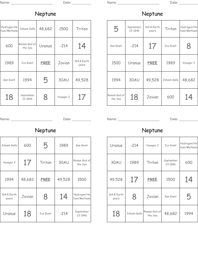 Neptune Bingo Cards