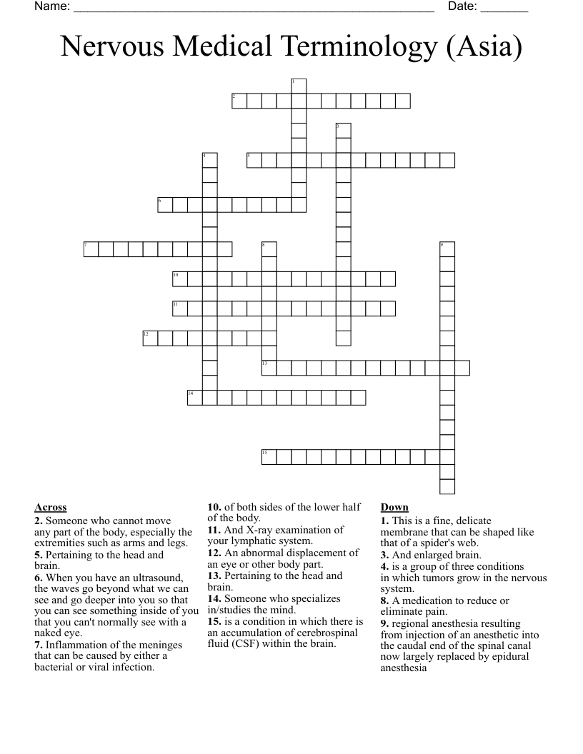 Nervous Medical Terminology (Asia) Crossword