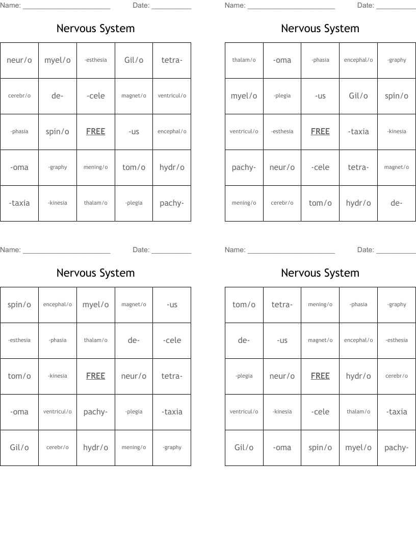 Nervous System Bingo Cards