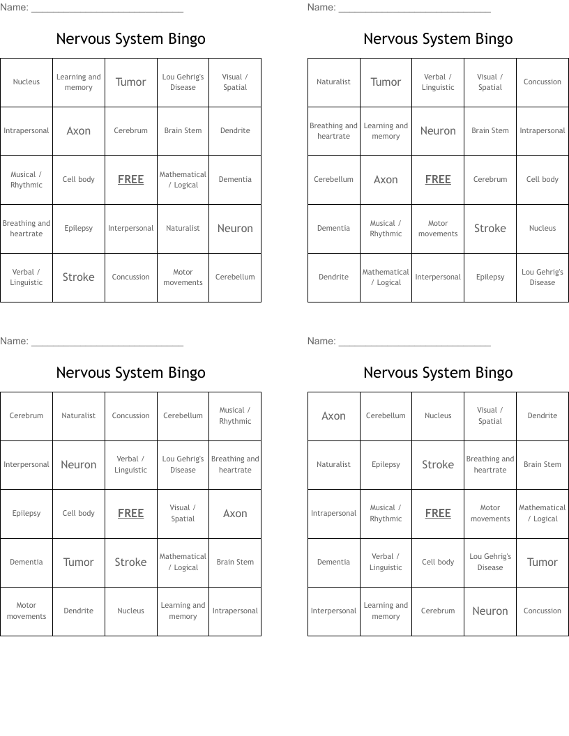 Nervous System Bingo