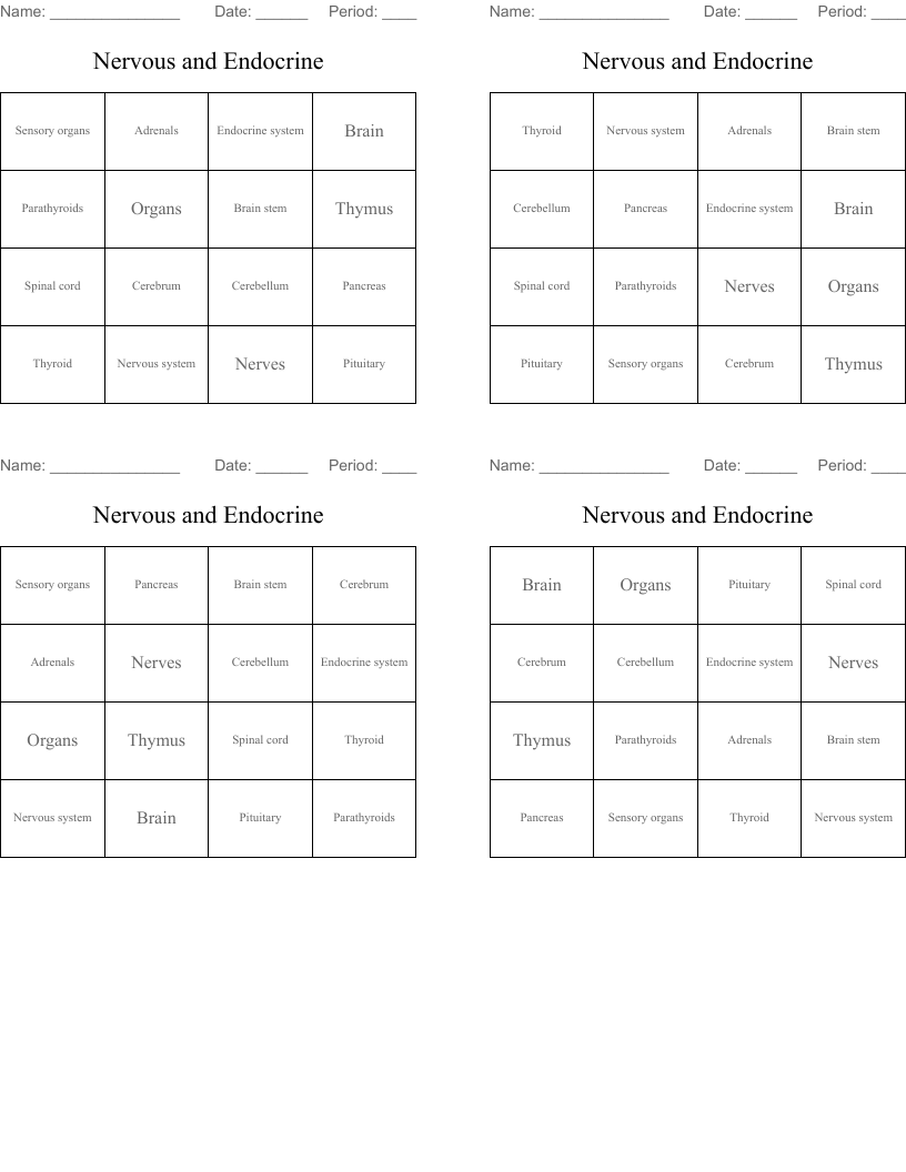 Nervous and Endocrine Bingo Cards