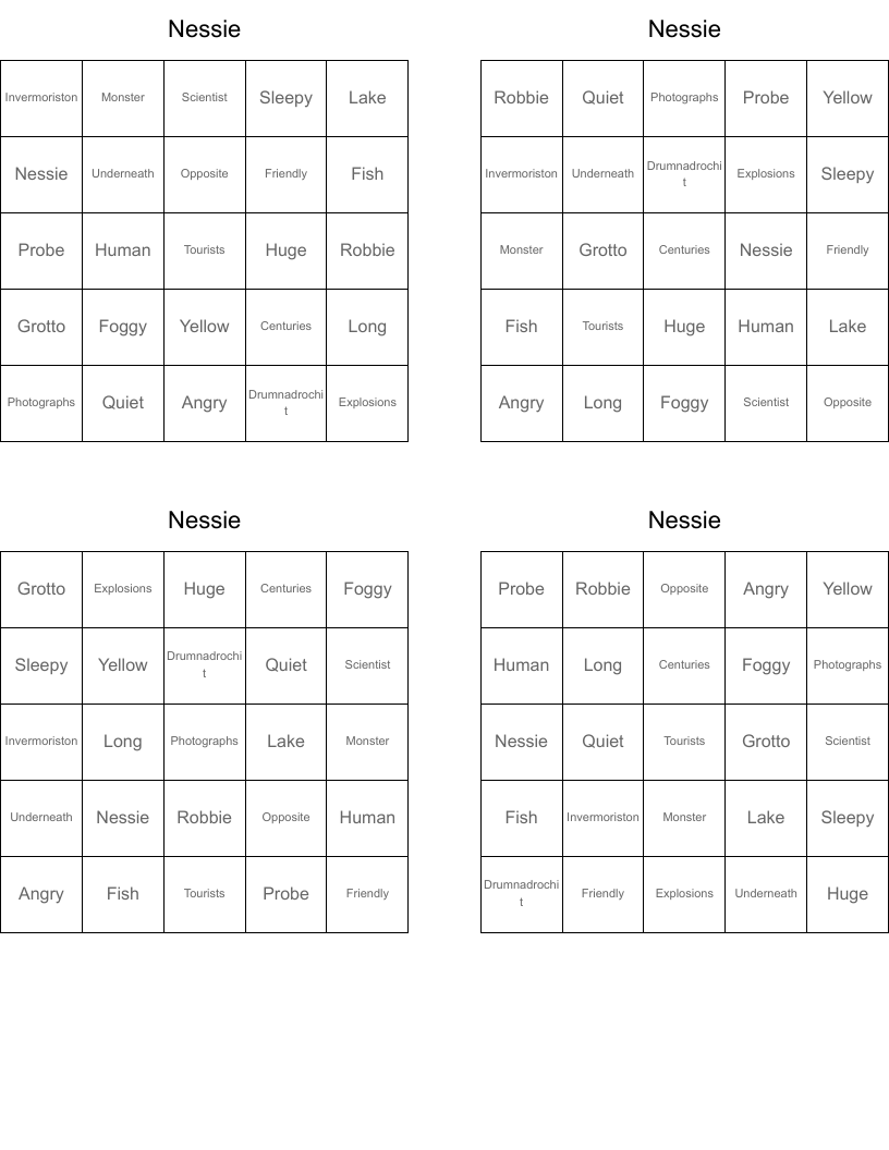 Nessie Bingo Cards
