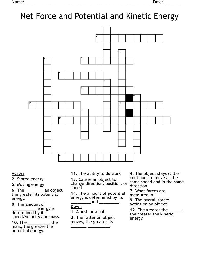 Net Force and Potential and Kinetic Energy Crossword