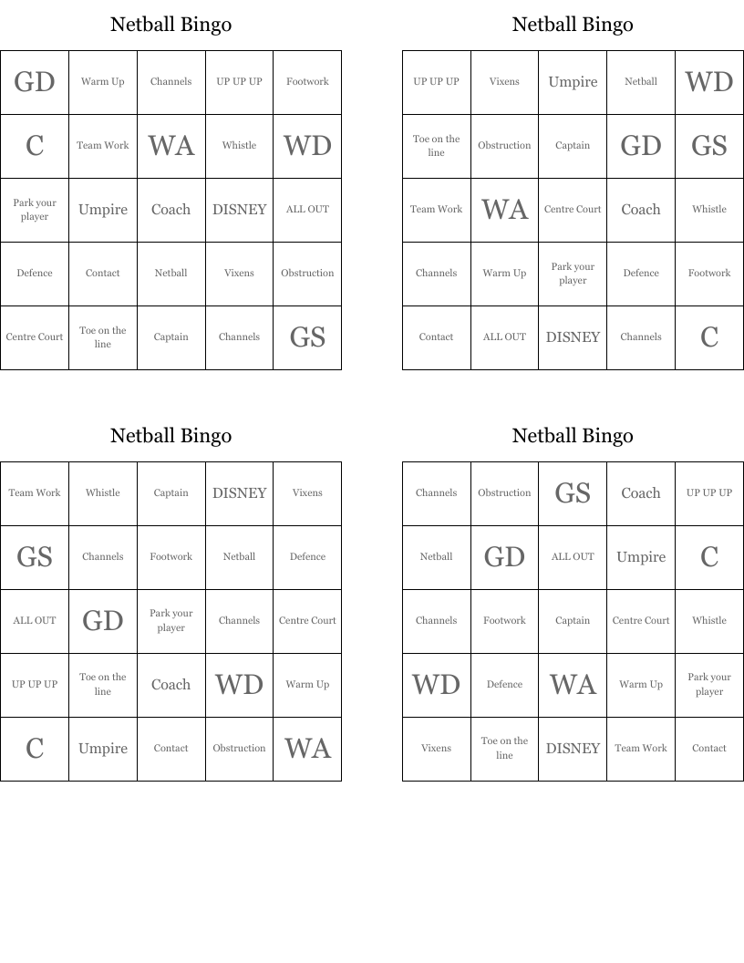 Netball Bingo