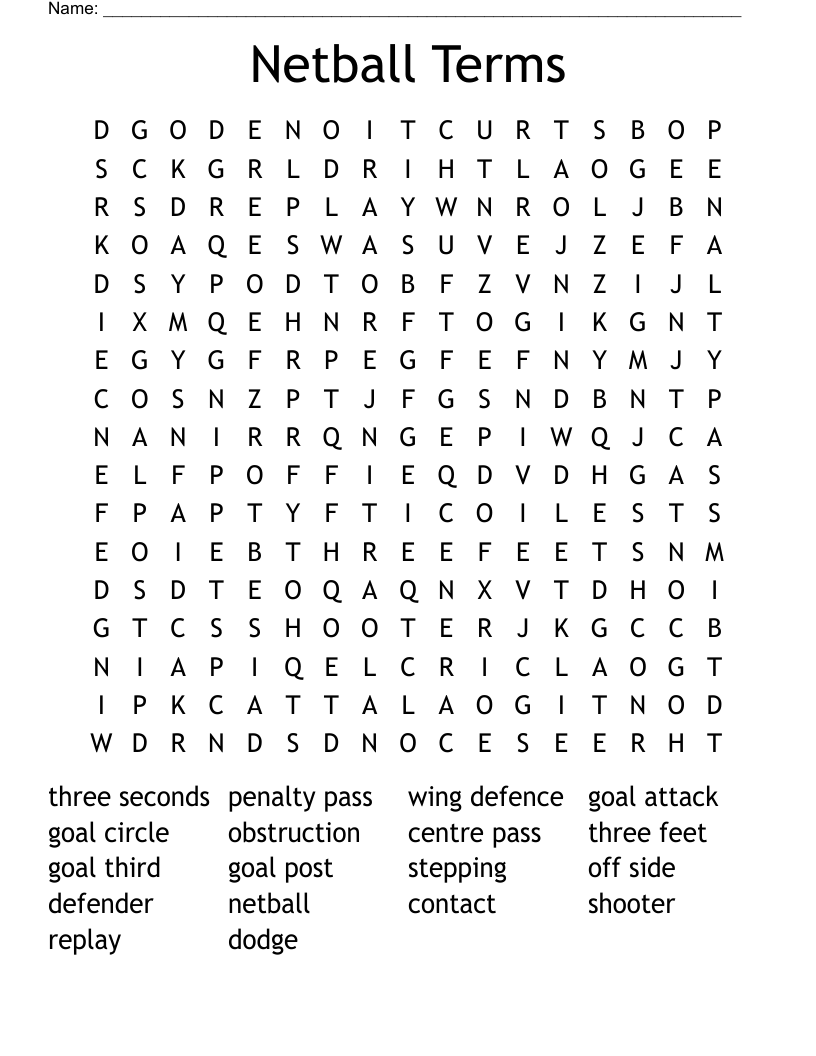 Netball Terms Word Search