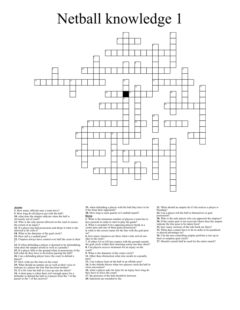 Netball knowledge 1 Crossword