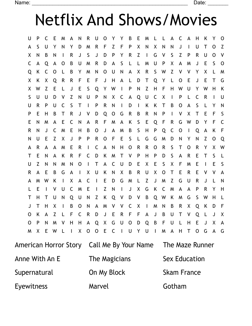 Netflix And Shows/Movies Word Search