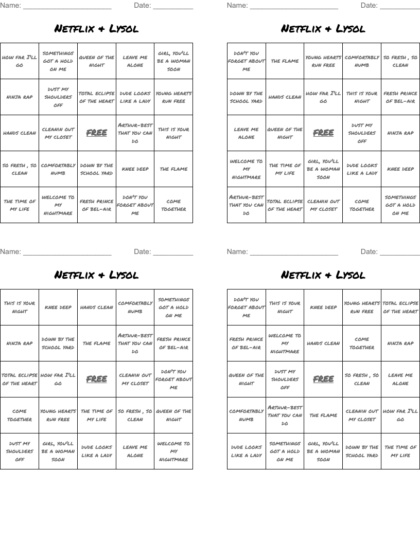 Netflix & Lysol Bingo Cards