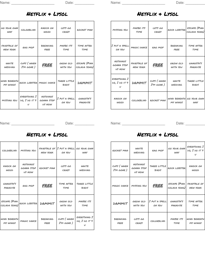 Netflix & Lysol Bingo Cards