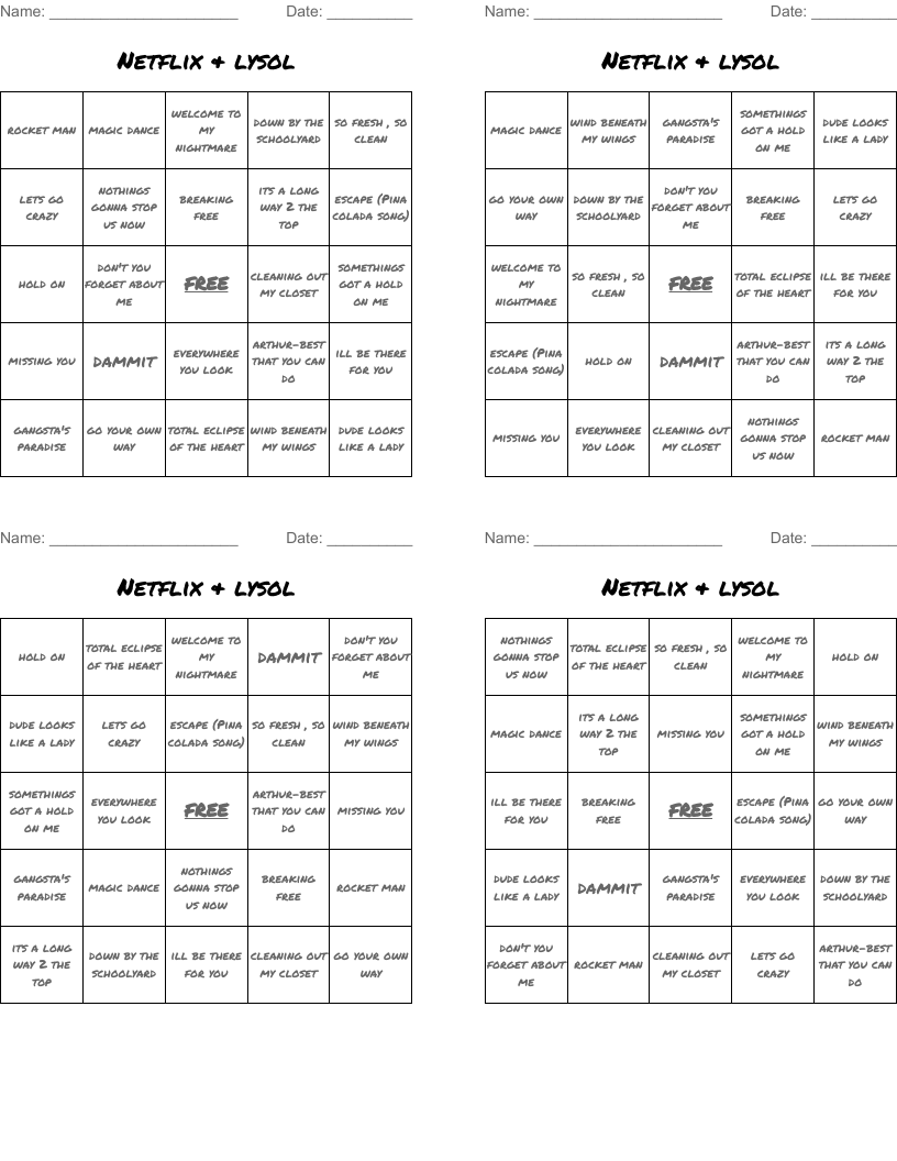 Netflix & lysol Bingo Cards