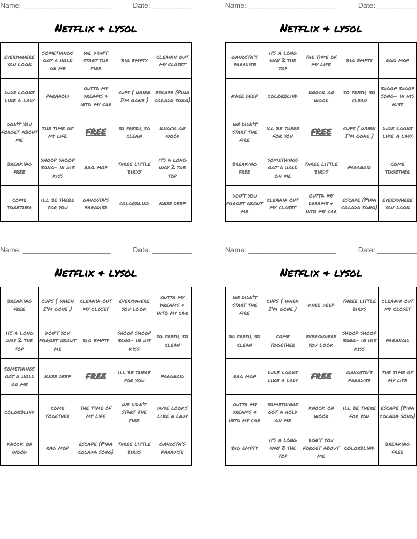 Netflix & lysol Bingo Cards
