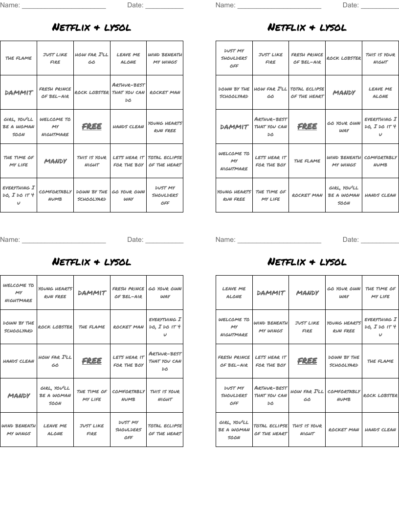 Netflix & lysol Bingo Cards