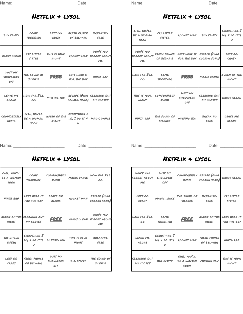 Netflix & lysol Bingo Cards
