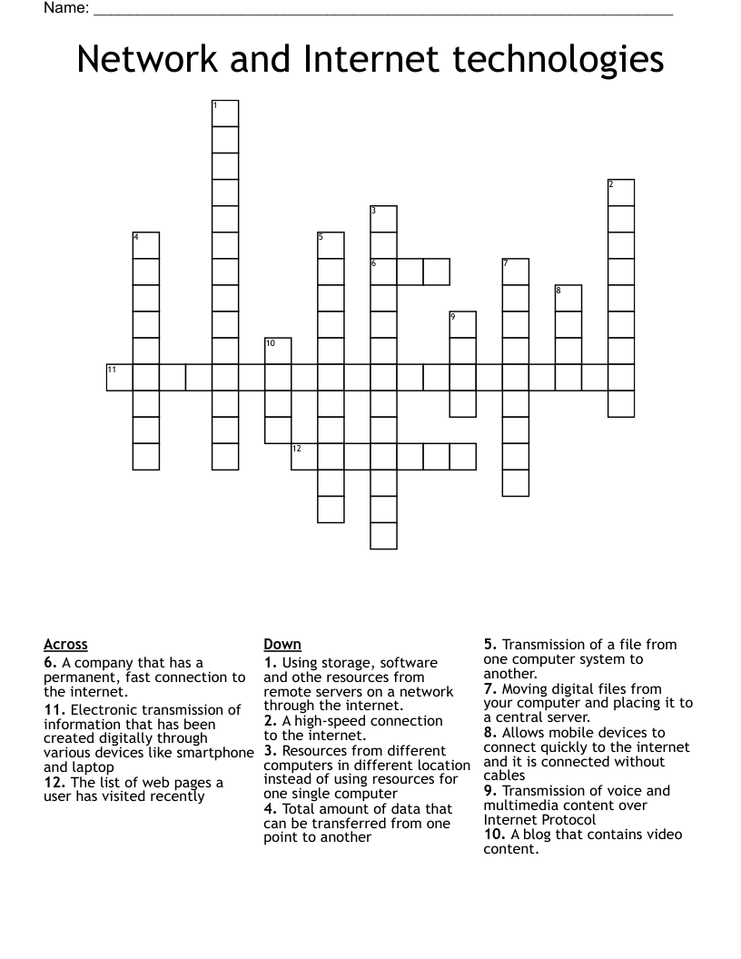 Network and Internet technologies Crossword