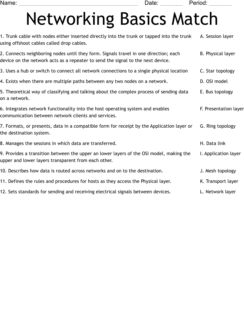 Networking Basics Match Worksheet