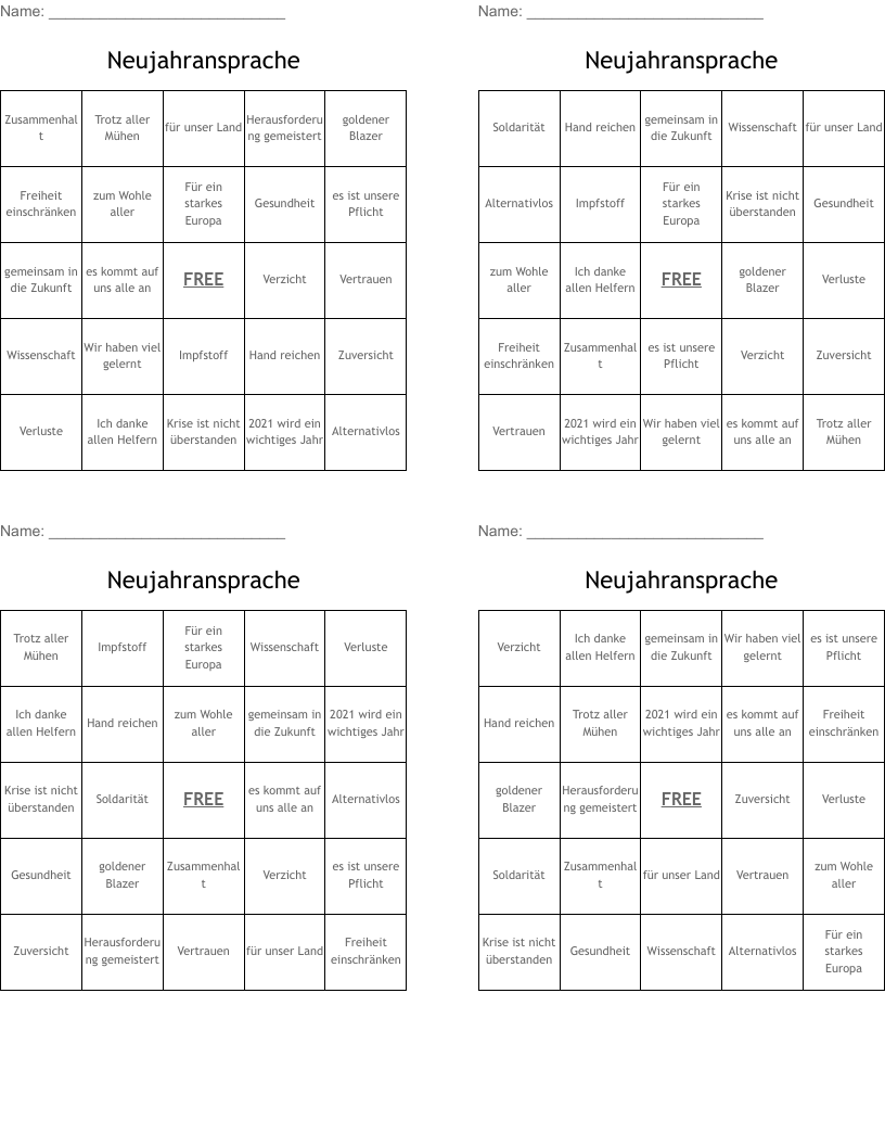 Neujahransprache Bingo Cards