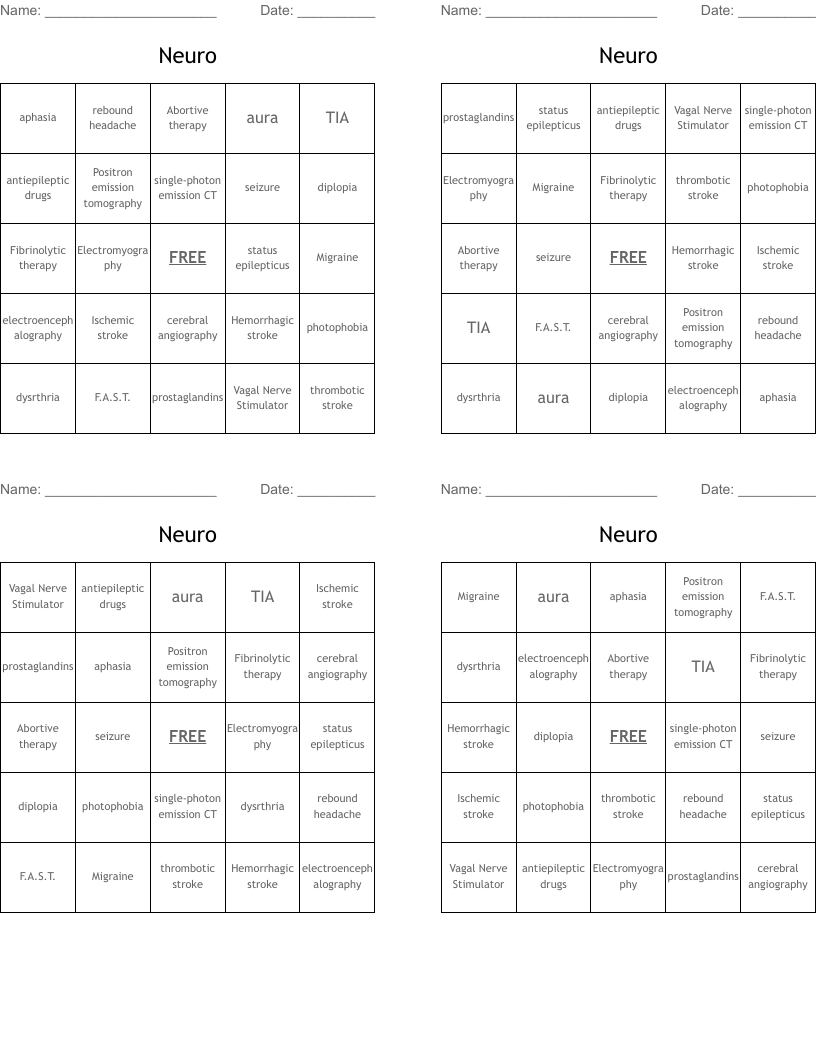 Neuro Bingo Cards