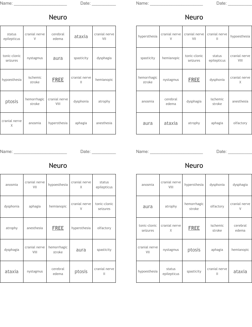 Neuro Bingo Cards