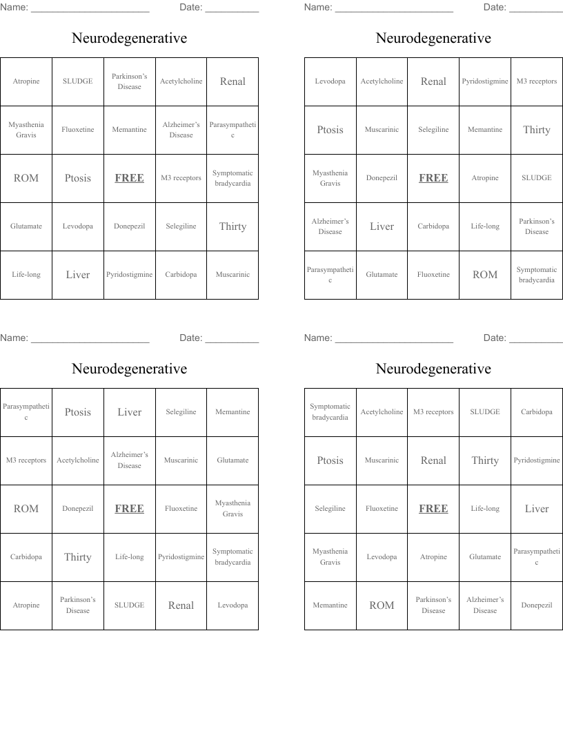 Neurodegenerative  Bingo Cards