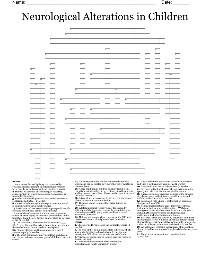 Neurological Alterations in Children Crossword