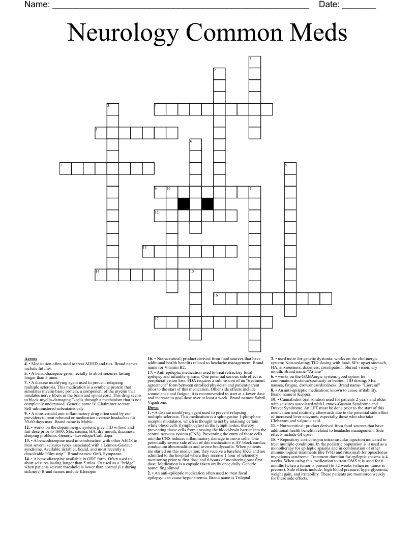Neurology Common Meds Crossword